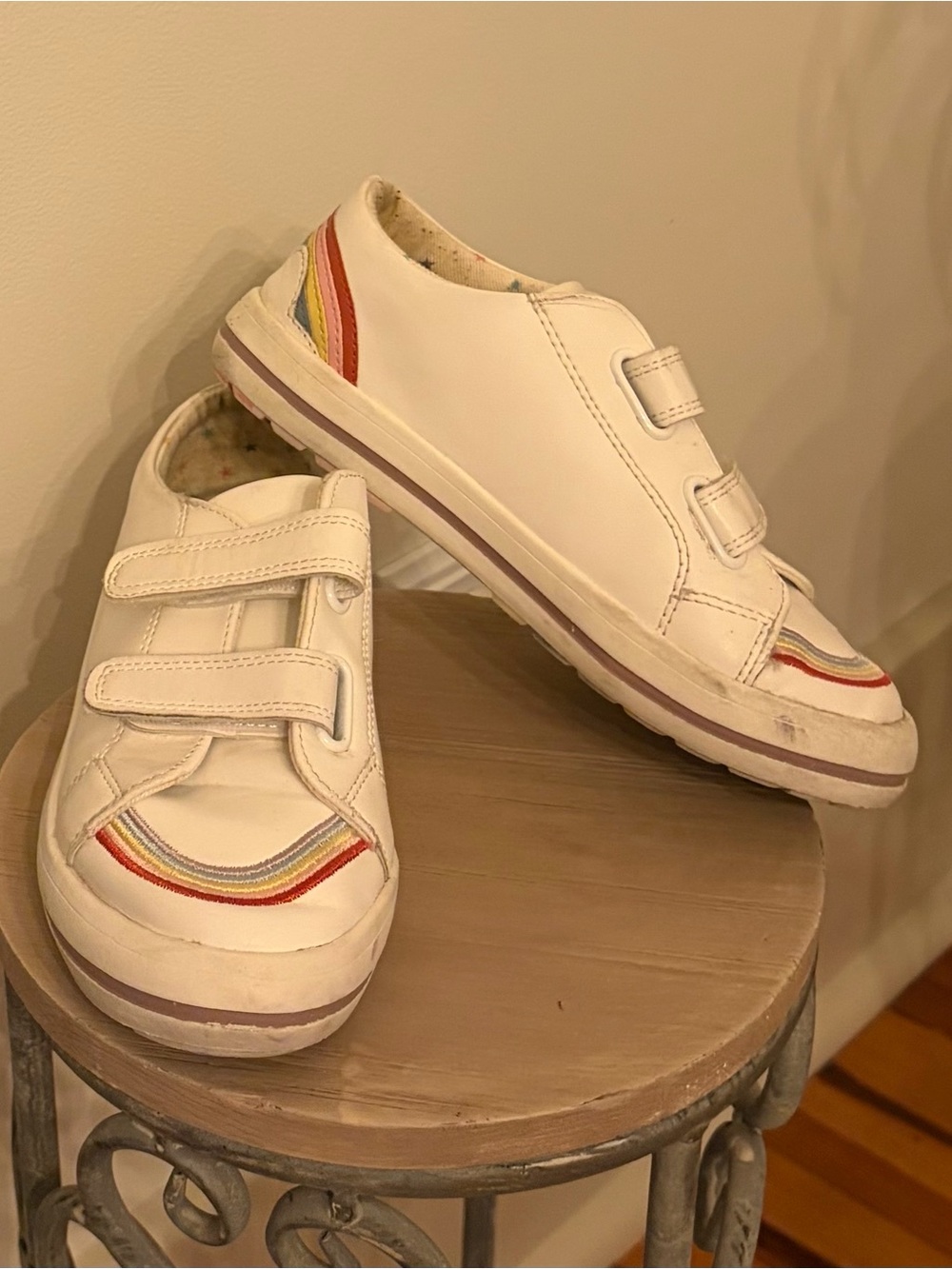 12 little girls sneakers no tie easy slip on white with rainbow detail